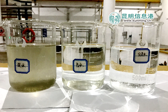 左：污水 中：处理过后的水 右：自来水