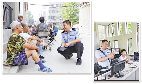 左图 吕建江(右)与群众促膝谈心。 (资料图片) 右图 吕建江(左)与同事研究网上警务。 (资料图片) 左图 吕建江(右)与群众促膝谈心。 (资料图片) 右图 吕建江(左)与同事研究网上警务。 (资料图片)