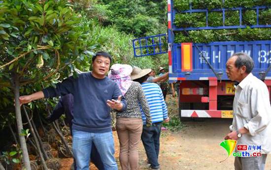 曾守福在道路景观改造项目现场和乡亲们一起卸苗木。图片来源：中国青年网