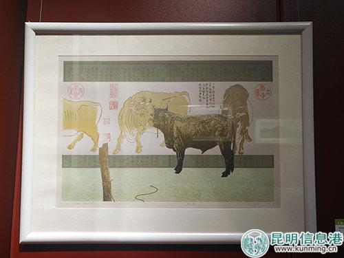 展出的作品：张鸣《传统的诱惑》版画