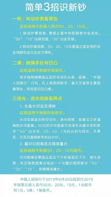 2019年版第五套人民币识别三招：一转二摸三透光