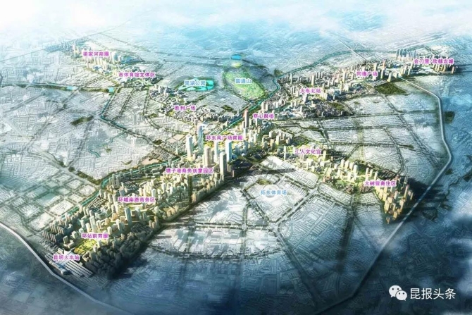 北京路、人民路沿线集中商务区城市设计鸟瞰图。 北京路、人民路沿线集中商务区城市设计鸟瞰图。