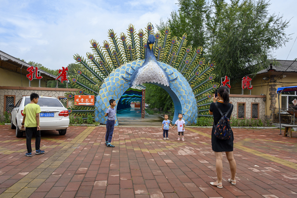 2020年8月,内蒙古兴安盟义勒力特嘎查,游客在孔雀大院外拍照留念。