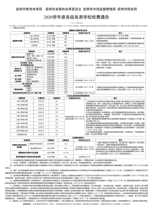 昆明发布各级各类学校收费通告