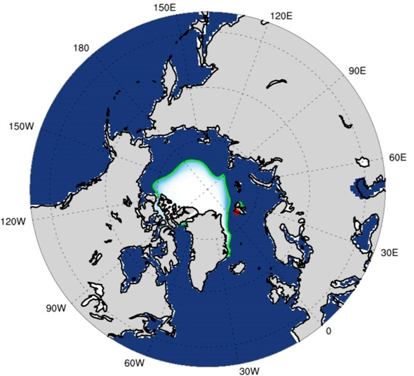 ▲中科院大气物理研究所ANSO IAP-LASG北极海冰动力集合预测系统6月份发布的9月份北极海冰范围预测，绿色实线为预测的北极海冰范围，白色区域为海冰区域。图片来源：中国科学报