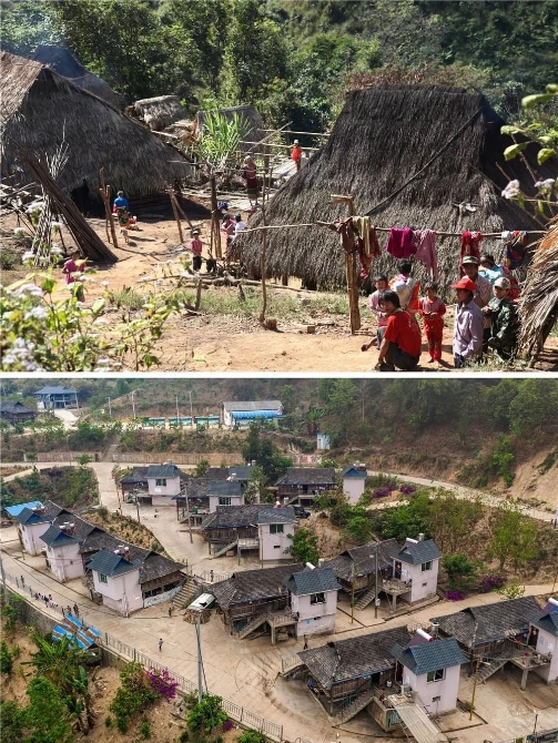 拼版照片，上图为：曼班三队村民搬迁前居住的茅草房（资料照片）；下图为：4月9日拍摄的曼班三队的村容村貌（新华社记者胡超摄）。新华社发