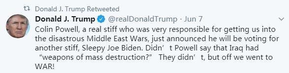 2020年6月7日,美国前总统特朗普在社交媒体“推特”上指责美国前国务卿鲍威尔。图片来源:特朗普社交媒体截图 点击进入下一页