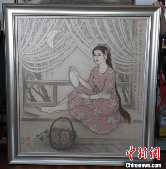 蔺烈板刻线画作品《半个月亮爬上来》。　戎睿 摄