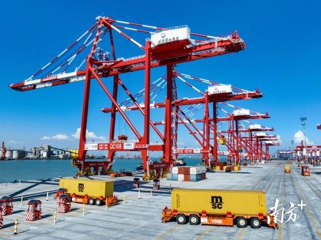 广州港内,龙门架正在吊装集装箱。 广州港内,龙门架正在吊装集装箱。