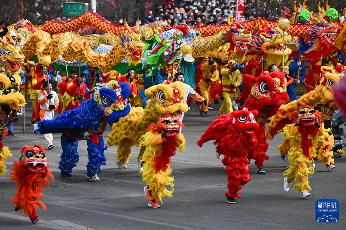 2月19日,在青海省西宁市,舞狮队员在社火巡游活动中表演。新华社记者 张龙 摄
