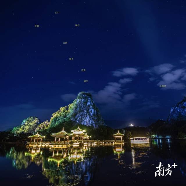 北斗七星镶嵌在夜空，与广东肇庆七星岩相映成趣。