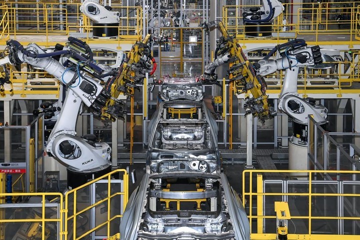 This photo taken on Feb. 26, 2025 shows an automated welding line at a plant of Chinese automotive manufacturer Geely Auto Group in Baoji City, northwest China's Shaanxi Province. (Xinhua/Zou Jingyi) 