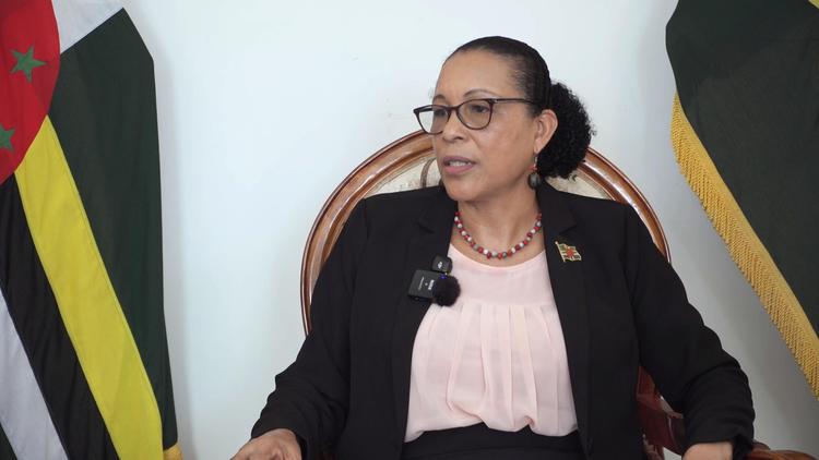 President of the Commonwealth of Dominica Sylvanie Burton speaks during an exclusive interview with Xinhua in Roseau, capital of Dominica, Oct. 6, 2025. (Photo by Douglas Martinez/Xinhua)