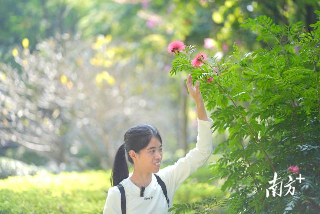 12月8日，许兴群在跑步途中触摸花朵。
