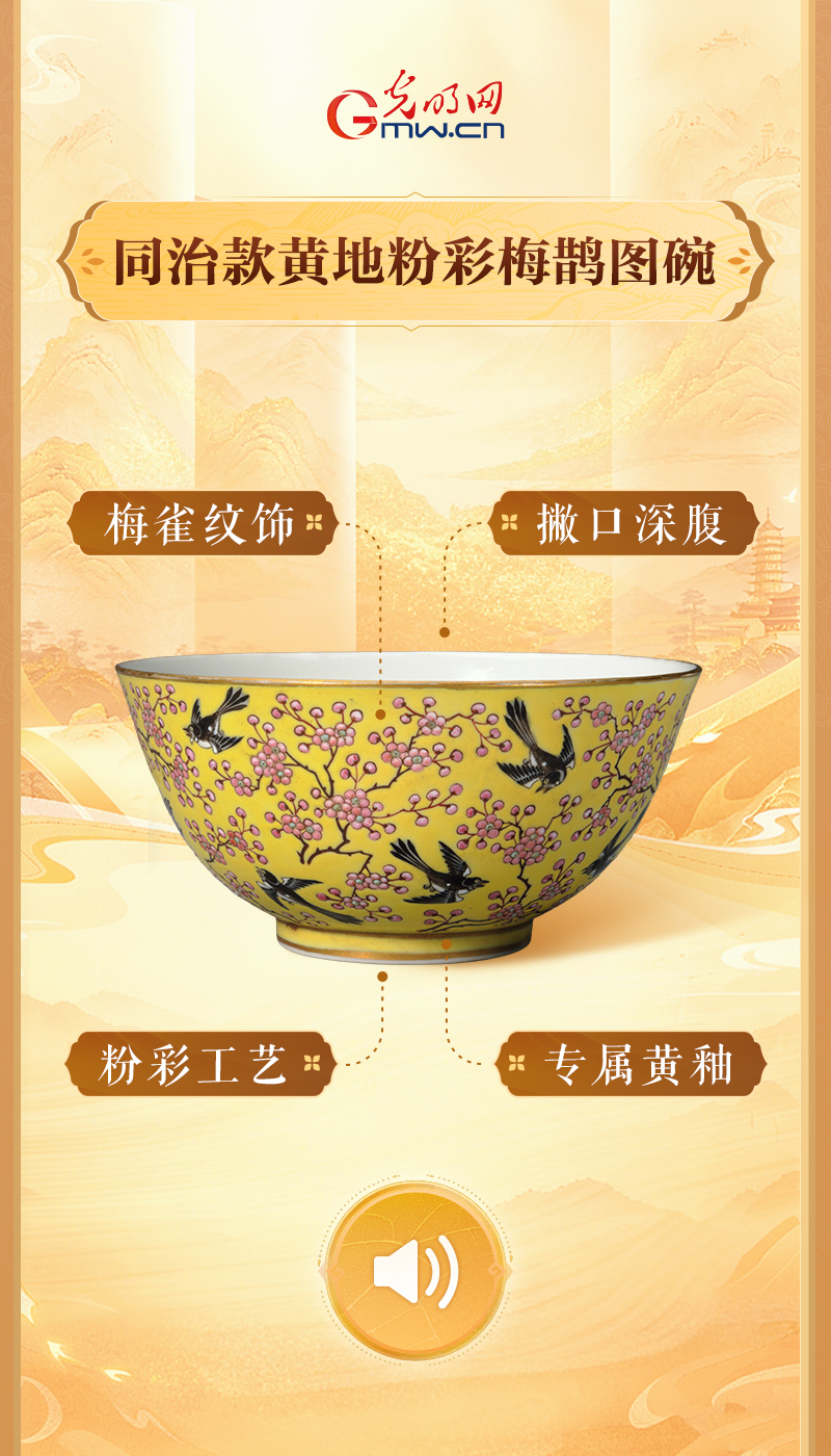 “文物会说话”有声海报|“china”何以“China”?瓷器亦是中国! 同治款黄地粉彩梅鹊图碗