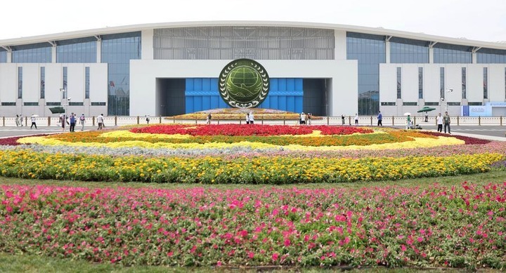 This photo taken on Aug. 29, 2025 shows an exterior view of the main venue of the Shanghai Cooperation Organization (SCO) Summit 2025 in north China's Tianjin. (Xinhua/Yang Qing)
