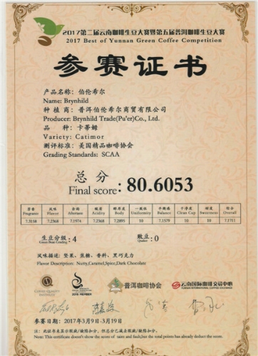 第二届云南咖啡生豆大赛得分证明