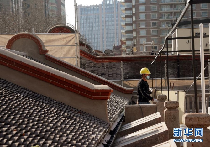 这是中共一大会址纪念馆的修缮现场（1月14日摄）。